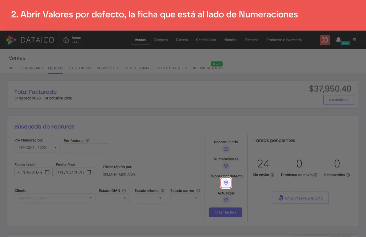 La ficha Valores por defecto del panel derecho del listado, junto a Numeraciones