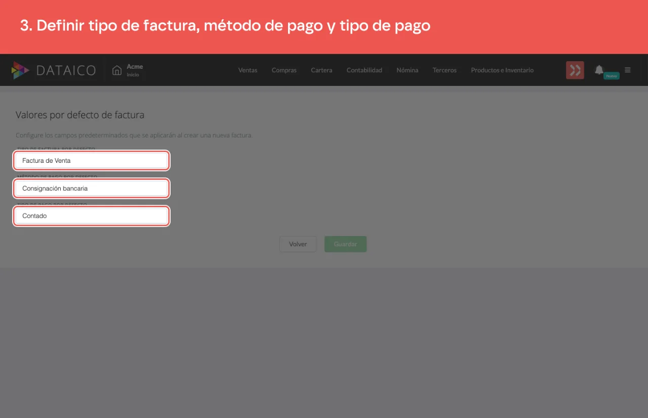 Los tres campos de la configuración: tipo de factura, método de pago y tipo de pago