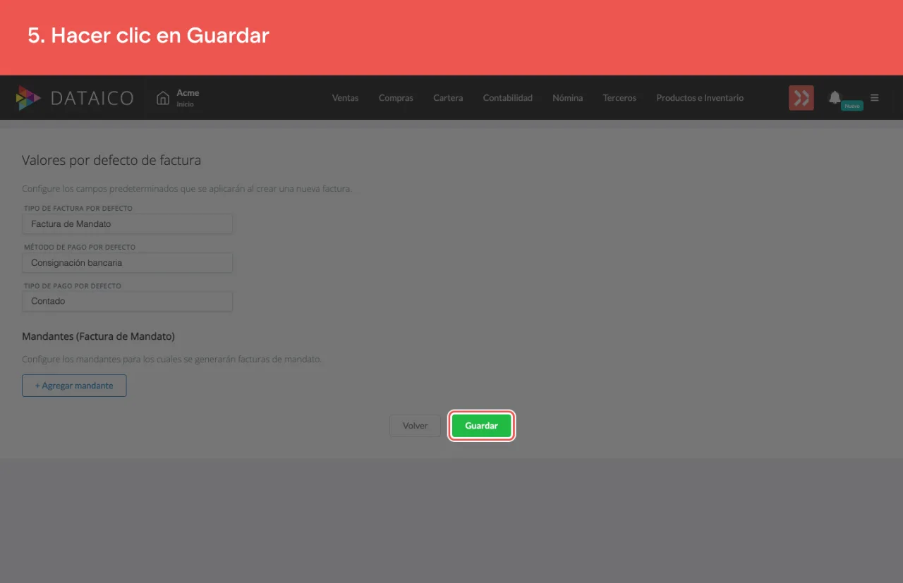 El botón Guardar de la configuración de valores por defecto