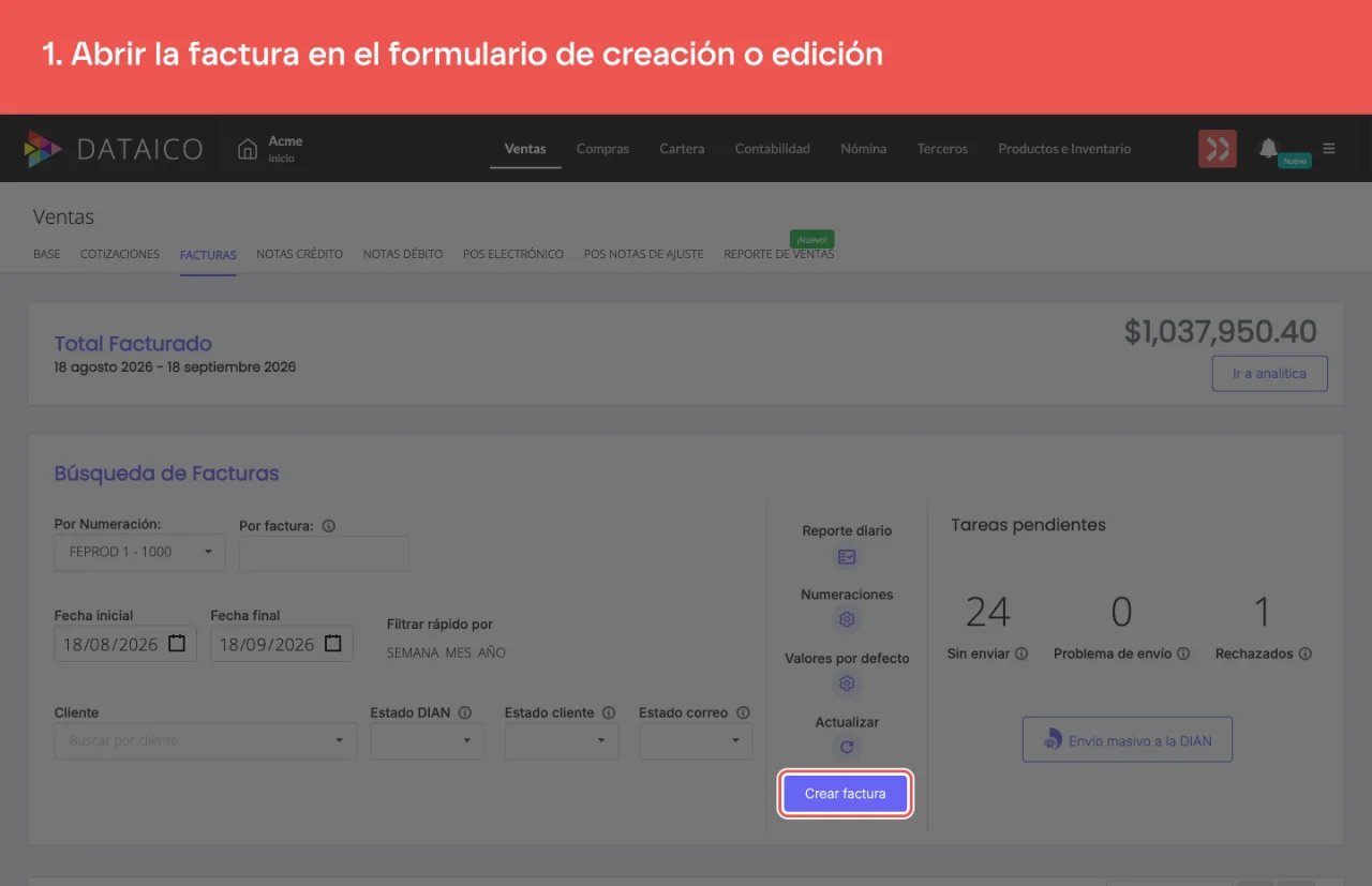 El botón Crear factura, en el listado de facturas