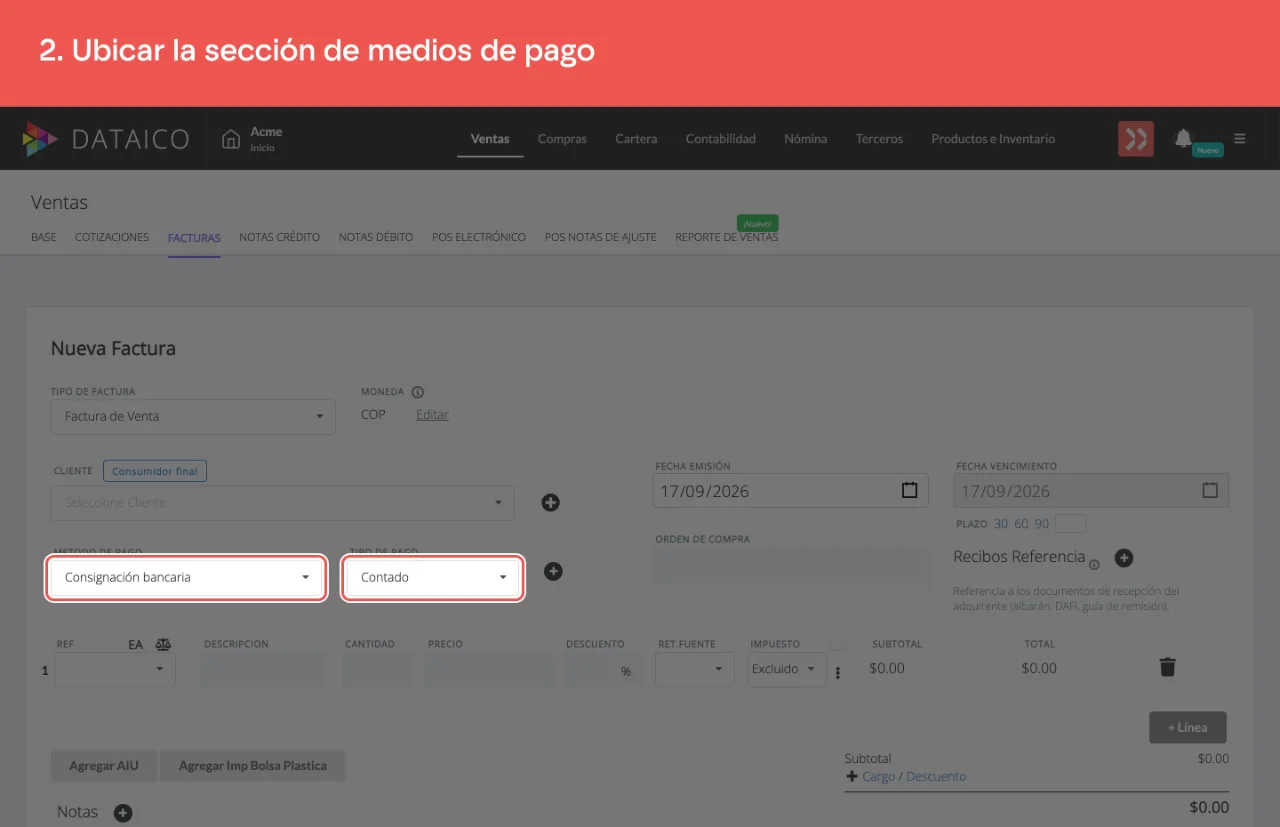El medio de pago principal de la factura y su tipo de pago