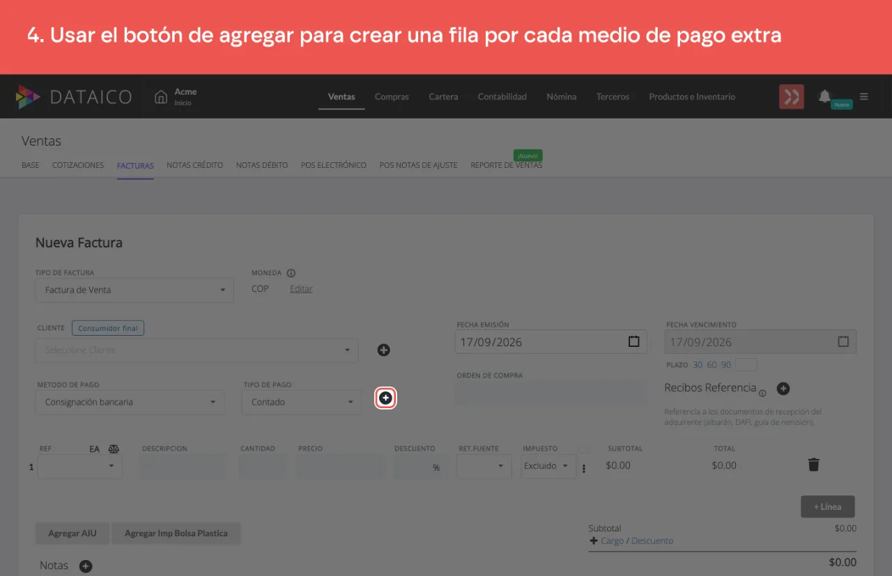 El control que agrega una fila de medio de pago adicional