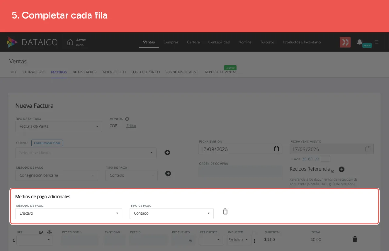 El bloque de medios de pago adicionales, con su fila lista para completar